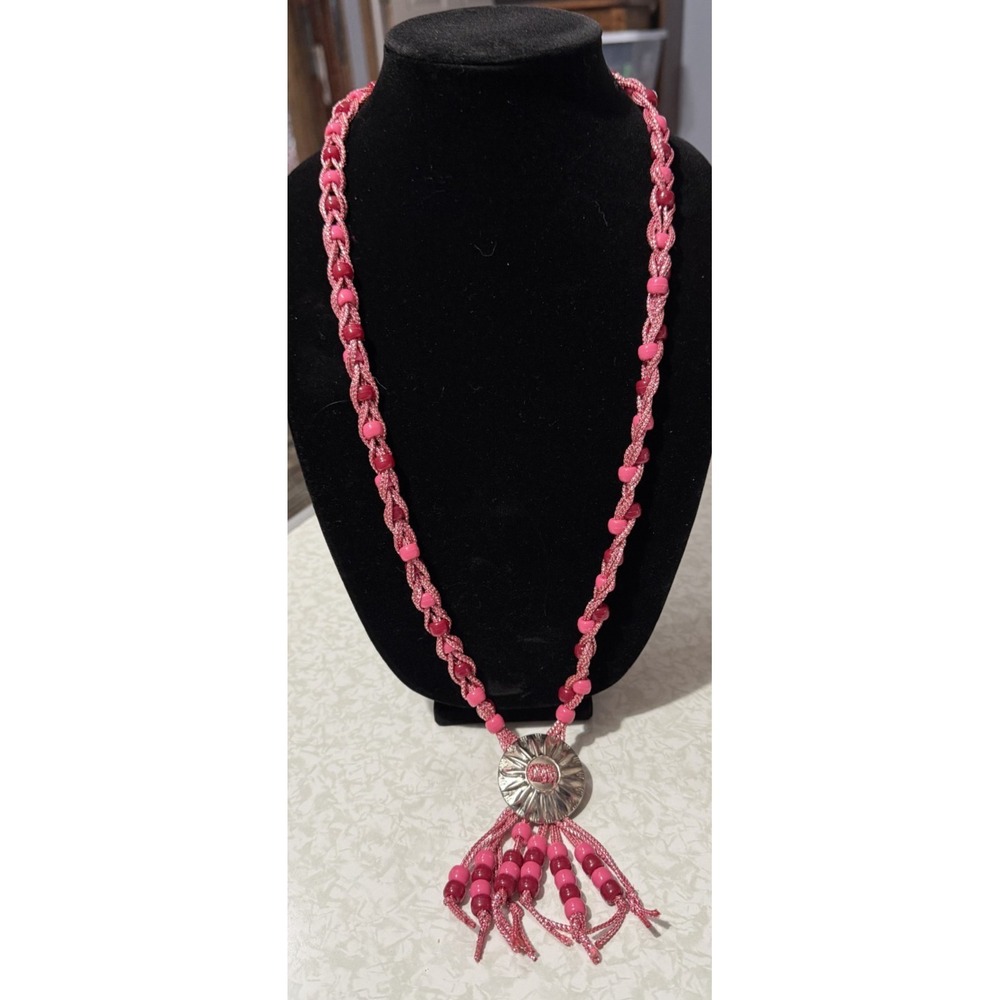 Pink Beaded Necklace With Tassel & Silver No Clasp 26"‎